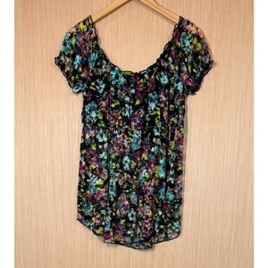 No Boundaries Dark Floral Fairy Grunge Mesh Babydoll Top Womens Size Large Black